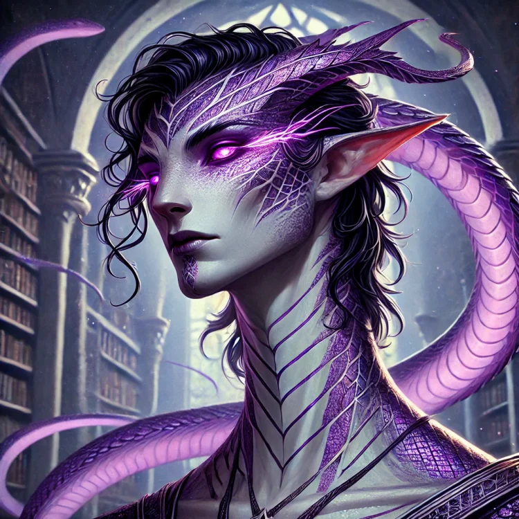 DALL·E 2024-12-01 22.59.56 - A detailed and artistic depiction of a humanoid serpent-like character named Nohrik from the Liao-Ya clan, with purple scales that shimmer in differen.webp